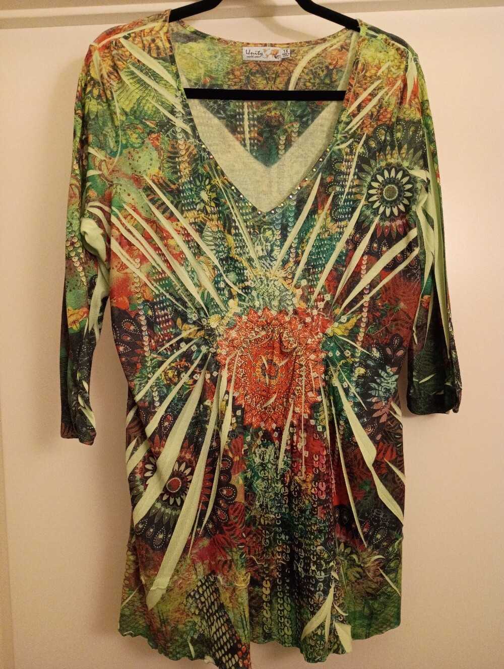 Unity World Wear Green Multi-Print V-Neck Tunic with Orange Accents